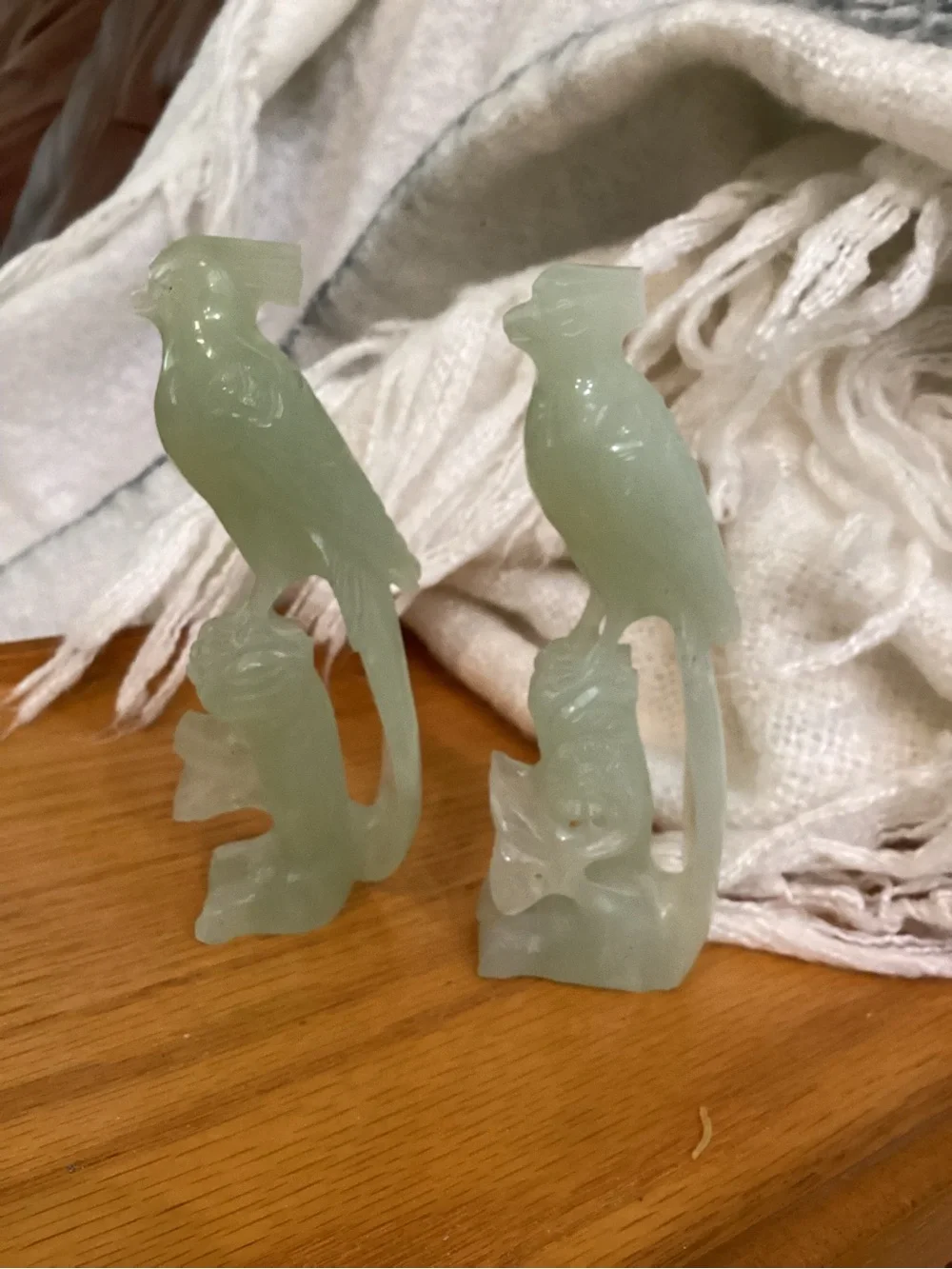 Carved Jade-Look Parrot Figurines -Have Damage on Head Feathers